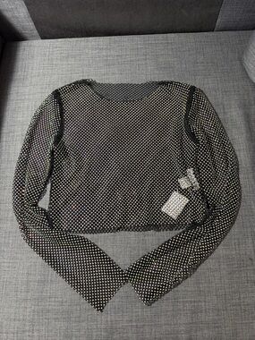 Discovery Black Mesh Long-Sleeve Crop Top with Iridescent Rhinestones